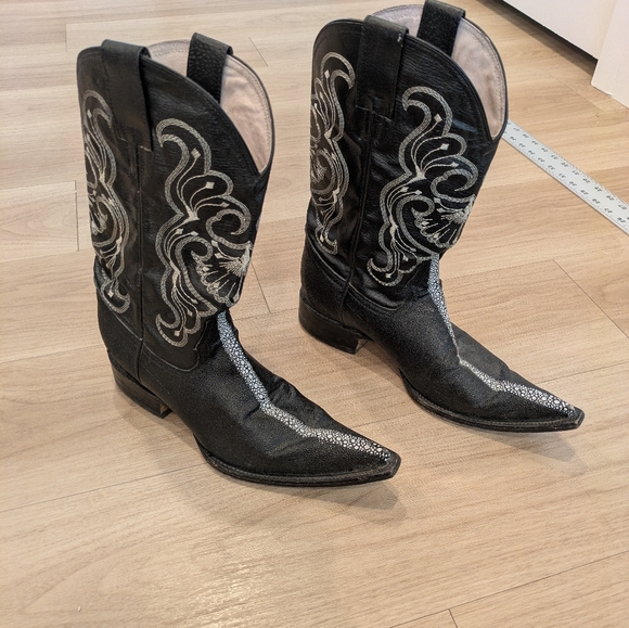 Toro Palomo -  Black Cowboy Boots With White Embroidery - Size 8 - Picture 4 of 11